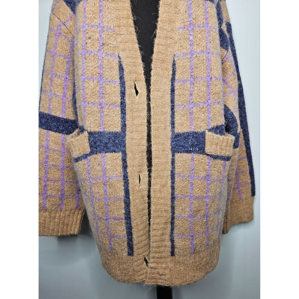 DAYDREAMER Plaid Oversized Cardigan Oversized Chunky Knit Brown Purple Academia - Picture 2 of 6